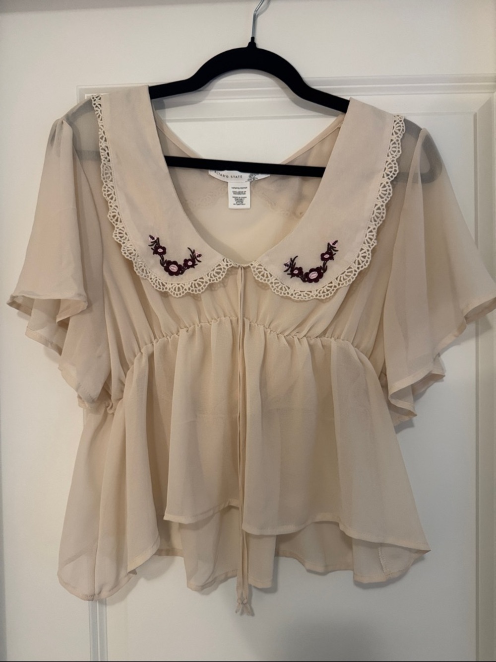 Altar’d State Sheer Embroidered-Trim Peplum Blouse - Cream